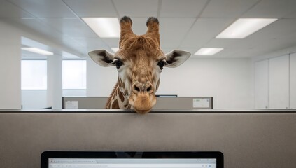 a giraffe peeking over office cubicle, showcasing curiosity and office environment