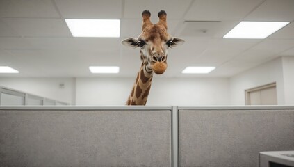 A giraffe unexpectedly peeking over the office cubicle. This image showcases the humorous and unexpected. 