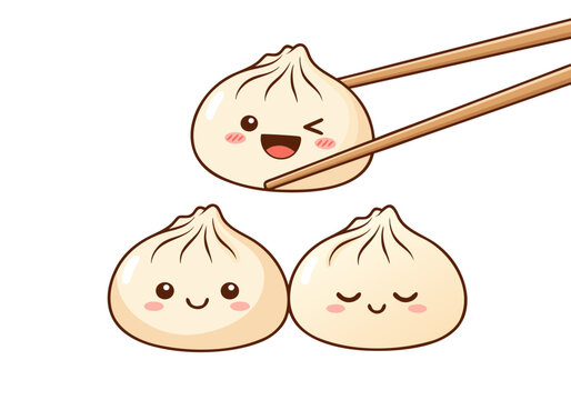 Adorable steamed dumplings with happy and sleepy faces, one playfully held by wooden chopsticks, depicting a charming cartoon food art illustration