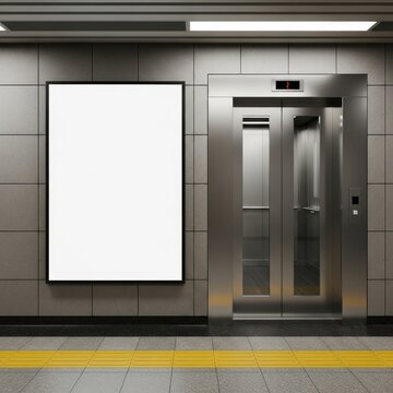 Modern subway station scene with blank advertising board and elevator.