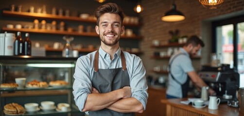 Fototapeta premium Man owner smiles in coffee shop near pastries. Barista works behind counter with espresso machine. Team prepares beverages for cafe customers.