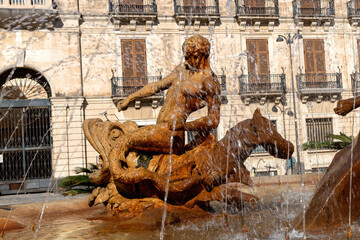 Famous Fountain of Diana in Historic Syracuse, Italy