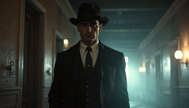 Man in fedora hat and suit walks down dimly lit hallway. Dramatic noir style, retro atmosphere, mysterious feeling, cinematic lighting, vintage fashion.