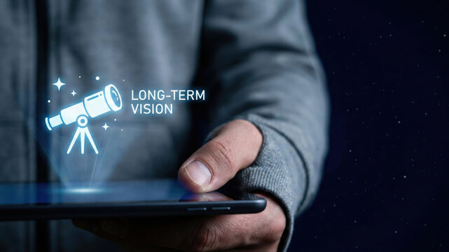 Long term vision high level planning strategy future goal focus telescope icon digital tablet hand business concept motivation
