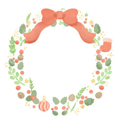 ラフでシンプルな可愛いクリスマスリースのイラスト。水彩風で優しい雰囲気