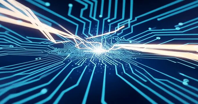 Abstract representation of electric circuits with glowing lines on a dark background