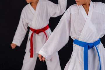 Karate students performing precise karate kata forms against black background. Emphasizes controlled movement, balance, and disciplined martial arts training.