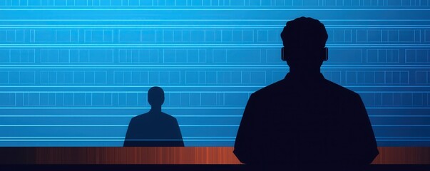 legal intellectual property trial concept. Silhouetted figures against a blue background with grid pattern.