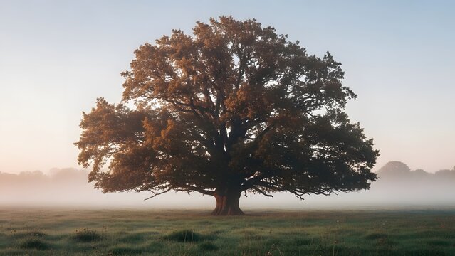 Majestic old oak tree bathed in golden sunrise light during a misty morning.