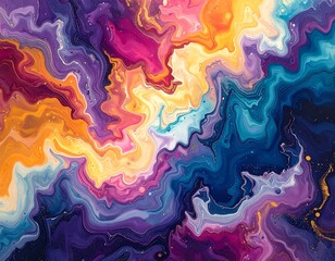 Vibrant abstract fluid art with swirling patterns in shades of blue, purple, pink, yellow, & orange
