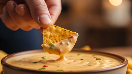 Delicious queso dip with tortilla chip being dipped in
