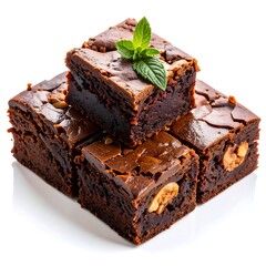 Stacked chocolate desserts. Four square-cut pieces with nuts and a mint garnish sit atop one another, on a bright white background