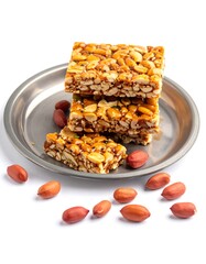 Stacked brittle squares studded with peanuts sit on a silver plate surrounded by loose, shelled peanuts. White background