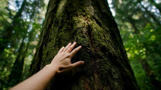 Hand touching mossy tree trunk in lush green forest sunlight filtering through leaves nature connection serenity
