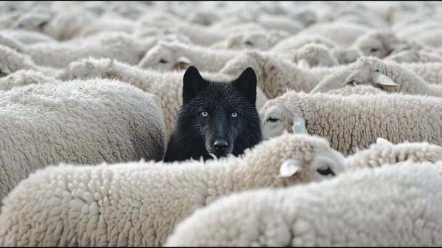 A lone black wolf stands out amongst a flock of white sheep in a field