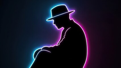 Silhouette of a man in a fedora hat with neon blue and pink outline, looking down