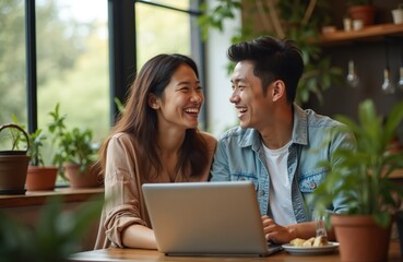 Young Asian couple laughs while looking at laptop screen in a bright cafe with plants. They work together on a project, sharing a happy moment.