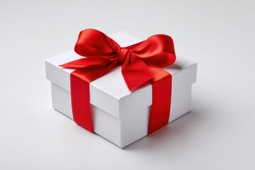 Fototapeta premium Minimalist holiday present: white square box with bright red bow, open lid, isolated on white backdrop