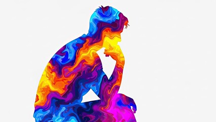 Silhouette of a person deep in thought, filled with vibrant swirling colors, isolated on white.