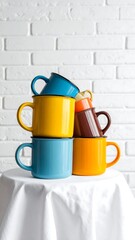 Stacked, colorful mugs of varying hues sit on a white tablecloth, set before a white brick wall background
