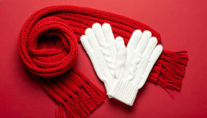 Red knitted scarf and white gloves on red background winter flat lay