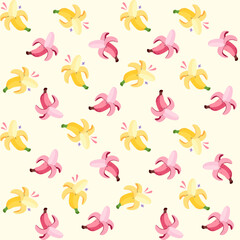 Seamless banana pattern whole peeled bananas in a playful, bright illustration style. Background for packaging, wallpaper, summer designs. Tropical fruit elements