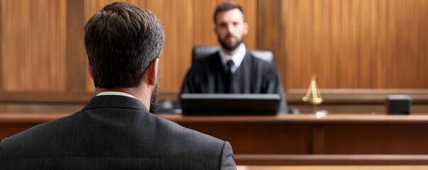 legal intellectual property trial concept. Courtroom scene with a judge and a man in front of him.