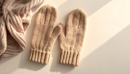 Beige knitted mittens and scarf on white background with soft sunlight