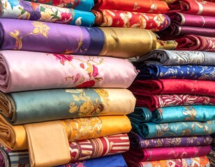 Stacked, colorful bolts of patterned fabric in various hues. The close-up showcases vibrant, silky textiles