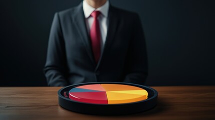 legal intellectual property trial concept. Businessperson with pie chart on table in dark setting.