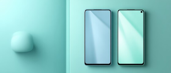 Two modern smartphones with reflective screens are placed on a soothing mint green surface alongside a matching wireless earbud case, ideal for technology promotions, blogs, or social media content,