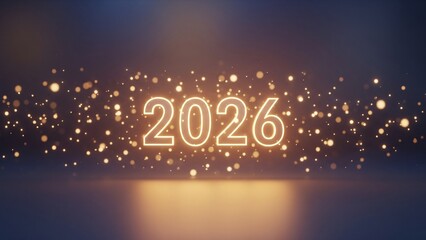 Happy New Year 2026 Golden Neon Numbers with Shimmering Particles and Bokeh Lights on Dark Background