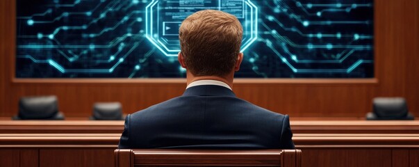 legal intellectual property trial concept. Business meeting with a person facing a digital interface.