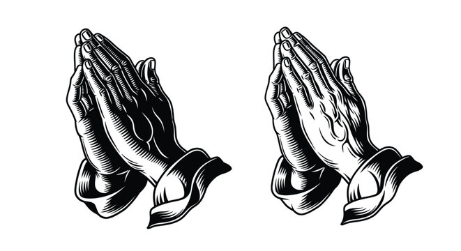 Vintage illustration of two pairs of praying hands in black and white