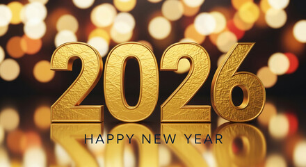 Golden metallic numbers "2026" reflect on the surface against blurred lights, representing a celebratory new year holiday or future event