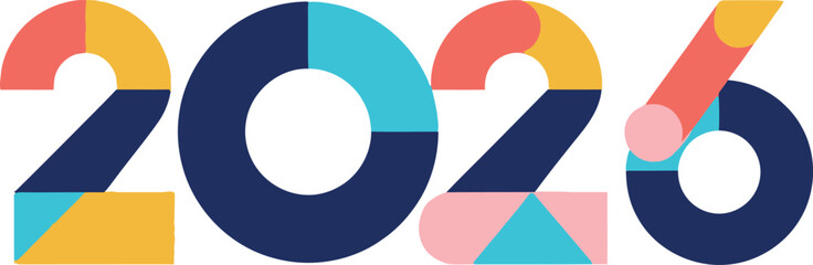 Modern 2026 happy new year text design with colorful geometric shapes and creative abstract typography vector illustration.