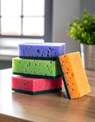 Stacked, colorful rectangular cleaning sponges on a wooden surface, near a window and greenery in a metal container
