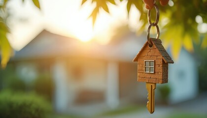 House shaped keychain hangs outdoor with sun shine. Blurred home building in background symbolizes new property ownership and real estate purchase. Green nature foliage detail.