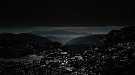 Dark Mountain Landscape with Valley and Clouds at Dusk