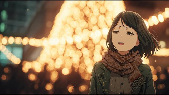 Anime girl with scarf looking at bokeh lights at night