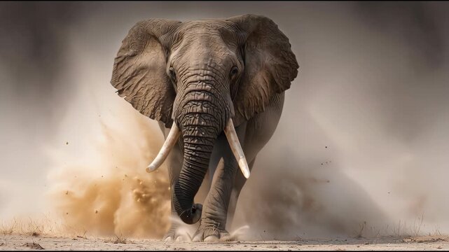 Majestic African elephant charging through dust with tusks raised in a powerful display of strength