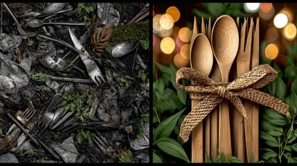 Striking split scene compares tangled metal trash with neatly tied wooden utensils amid lush leaves, underscoring sustainability and eco friendly lifestyle choices.