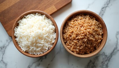 Two wooden bowls hold different uncooked rice types. One bowl has white basmati rice, the other brown medium grain. Food ingredients prepared for cooking.