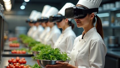 Chef wears VR headset in kitchen. cooks learn new skills. Future restaurant staff train. Advanced tech aids culinary education. Group learns virtual cooking.
