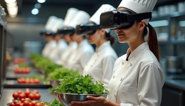 Chef wears VR headset in kitchen. cooks learn new skills. Future restaurant staff train. Advanced tech aids culinary education. Group learns virtual cooking. - Powered by Adobe