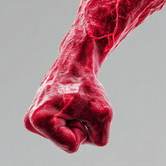 Red muscular human arm anatomy with visible veins isolated on neutral background