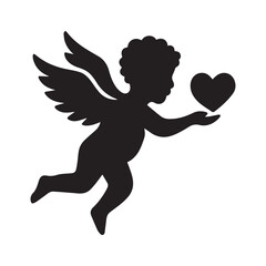 Fototapeta premium A charming cupid silhouette with wings presenting a heart, symbolizing love and romance