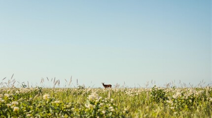 Lone deer standing in a vast field of wildflowers under a clear blue sky