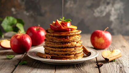Stacked fluffy golden pancakes, drizzled with syrup, topped with sliced apples, cinnamon sticks, & mint leaves. Apples sit around