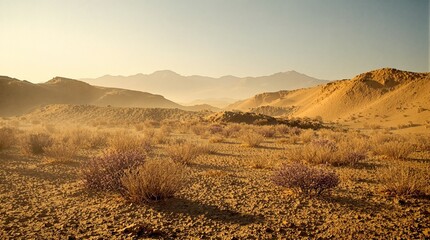 Vast desert landscape at golden hour with rolling hills and mountains in distance